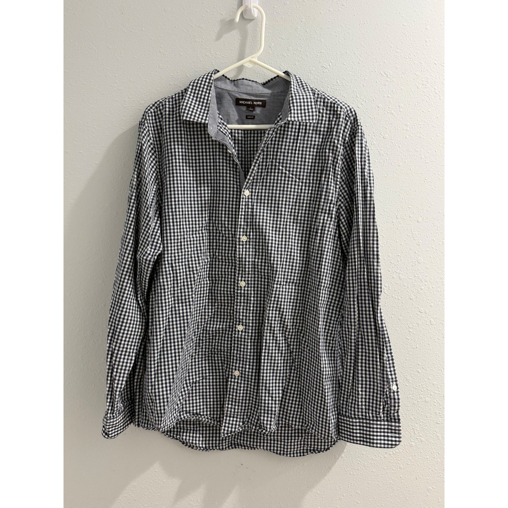 Michael Kors Mens Slim Fit Gingham Button Down Shirt Navy Blue White XL